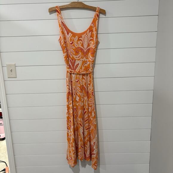 Ann Taylor LOFT | Maxi Dress Orange Belted Paisley Sleeveless- Size Small - Picture 5 of 8